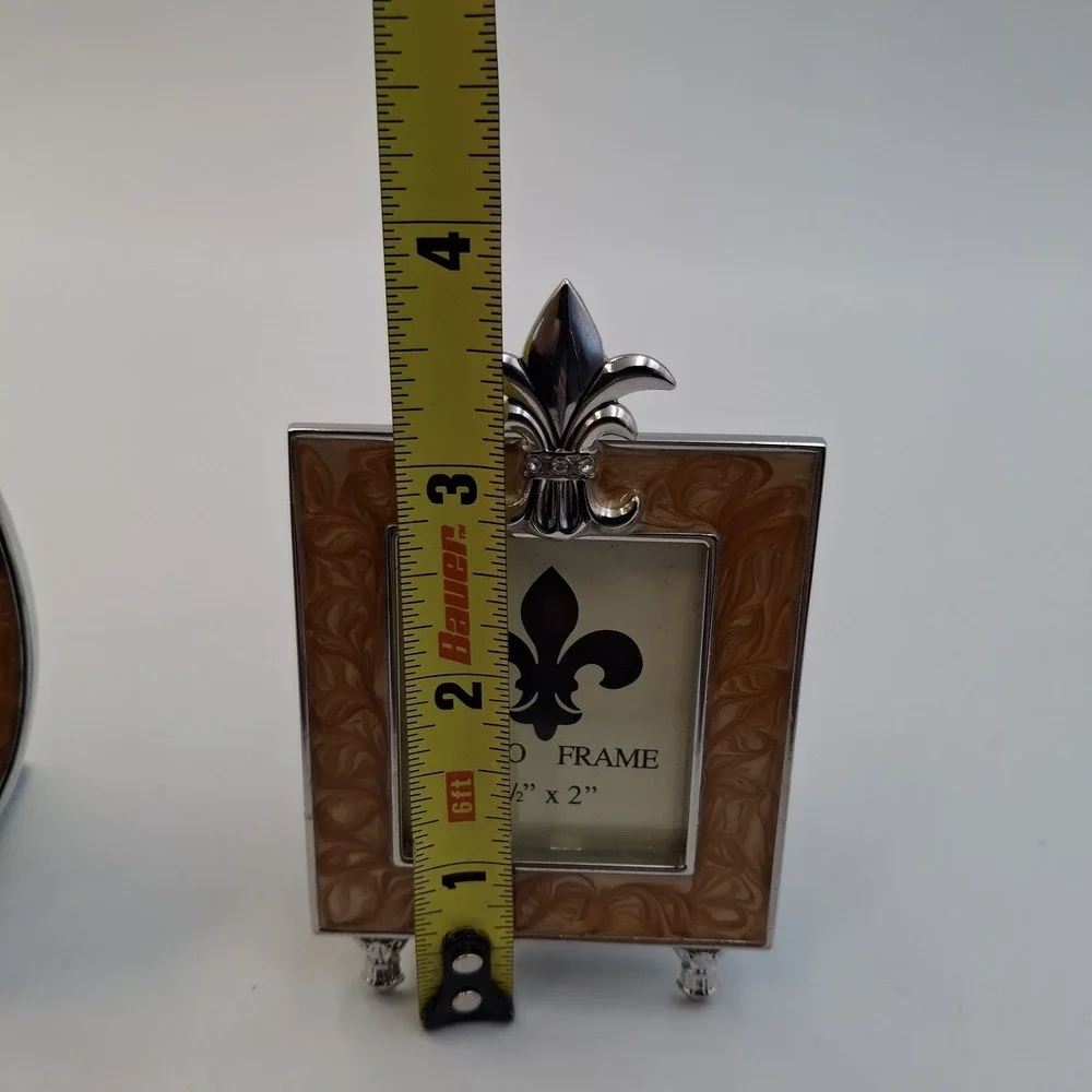 Vintage Fleur De Lis Photo Frame Set Honey Enamel Silver Tone‎ Round Square Mini